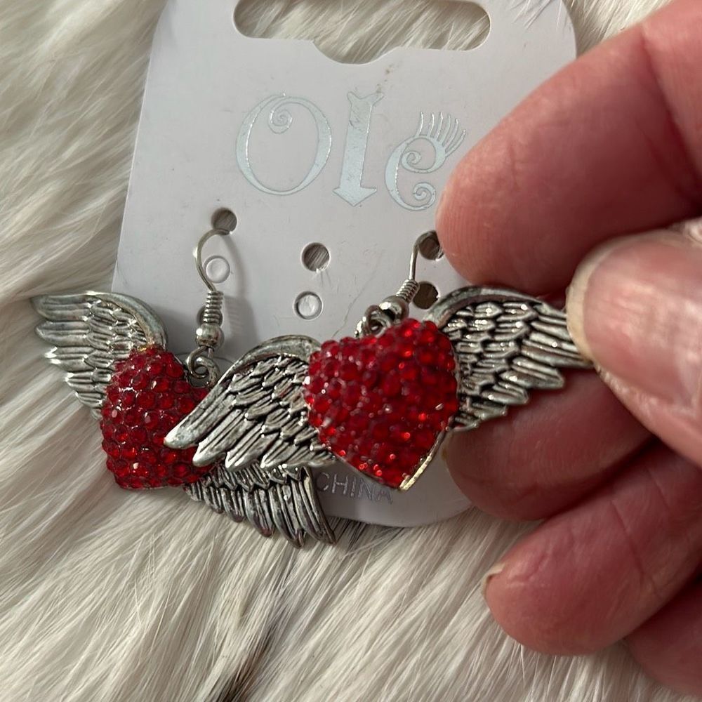 Rhinestone Heart & Wings Valentines  Earrings